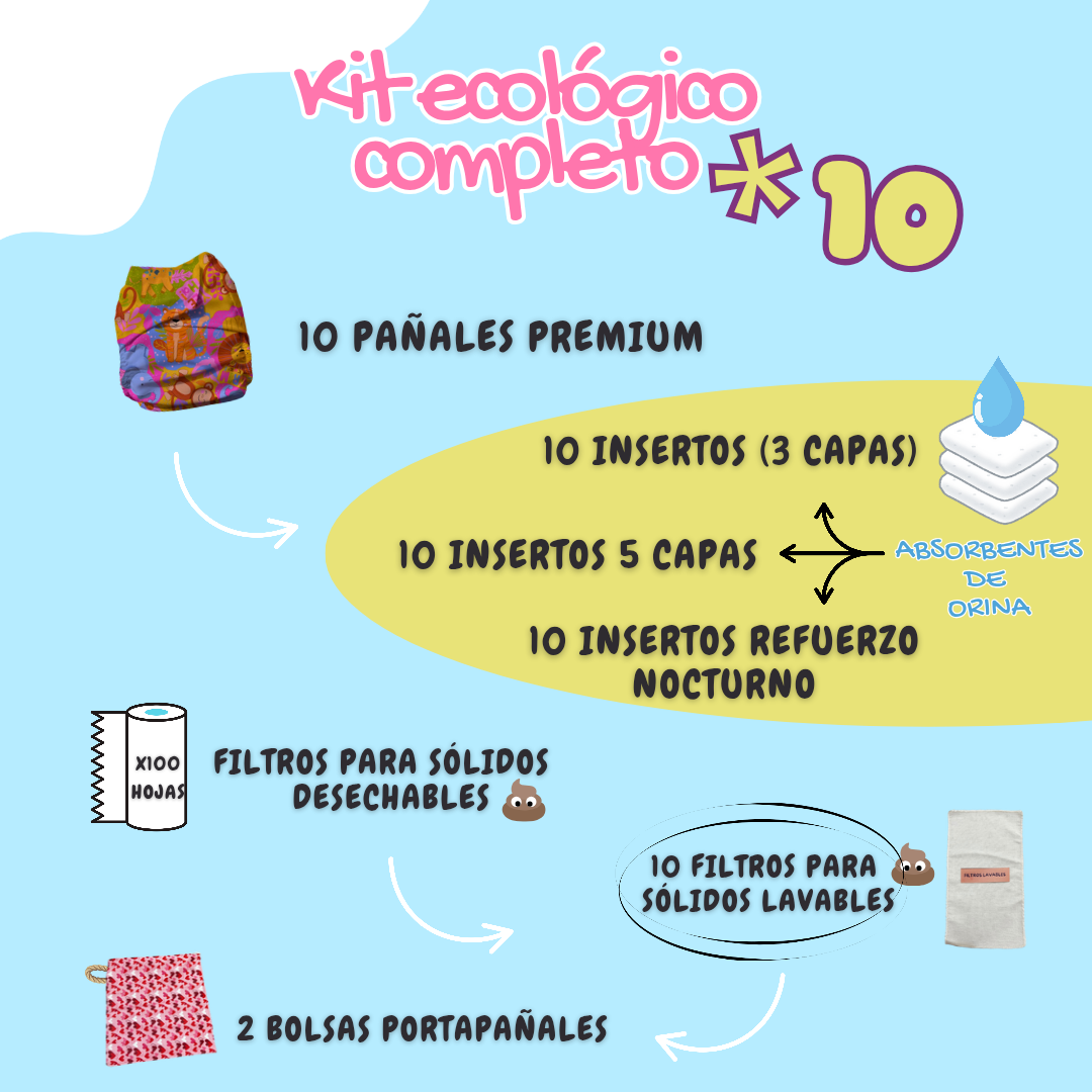 Mega combo completo 53 piezas: 10 pañales + 30 insertos + filtros + accesorios