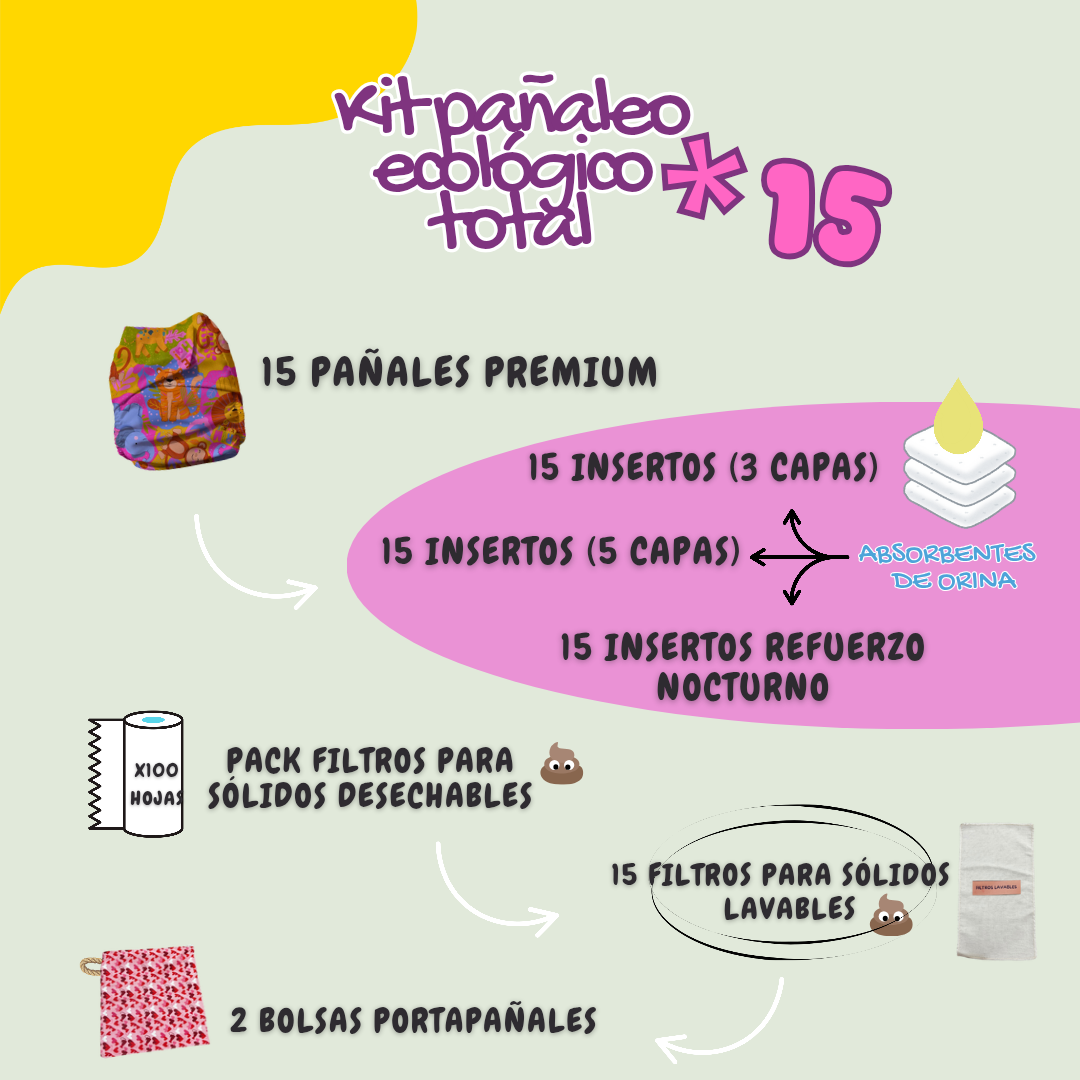 Super combo pañaleo total 78 piezas: 15 pañales + 45 insertos + filtros + accesorios