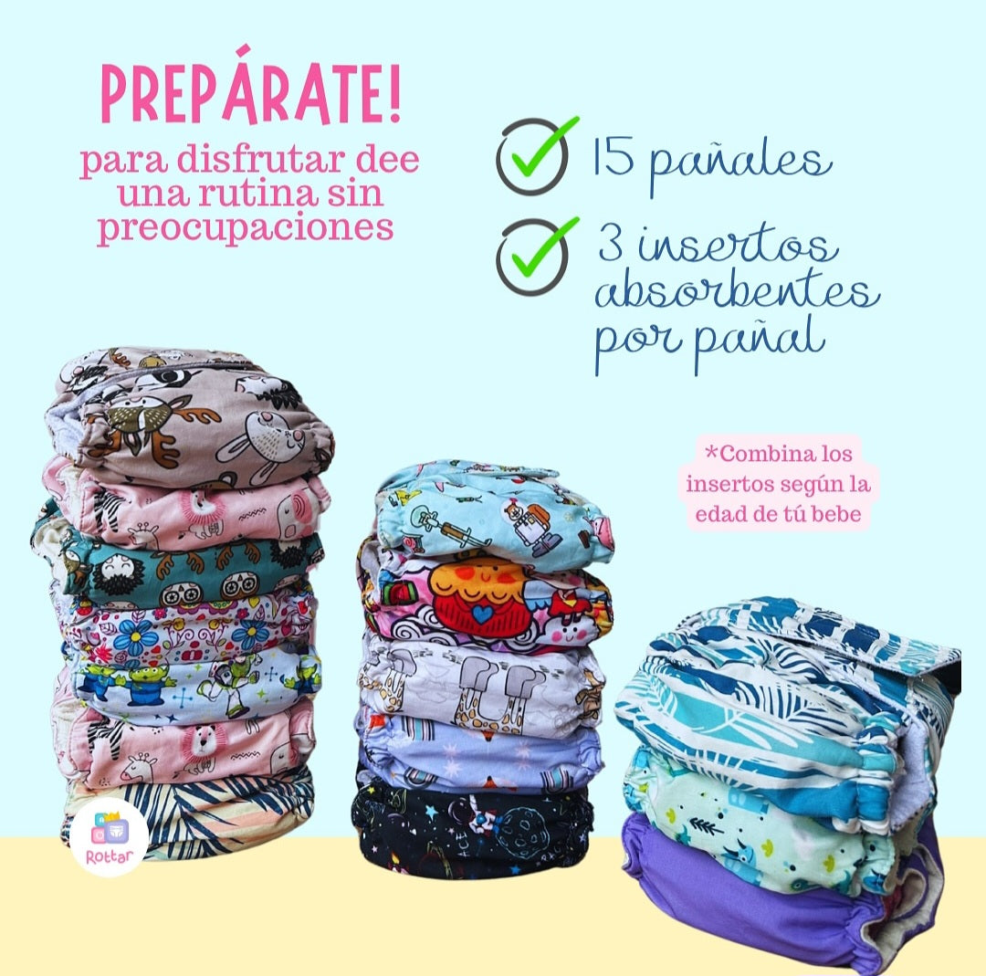 Super combo pañaleo total 78 piezas: 15 pañales + 45 insertos + filtros + accesorios